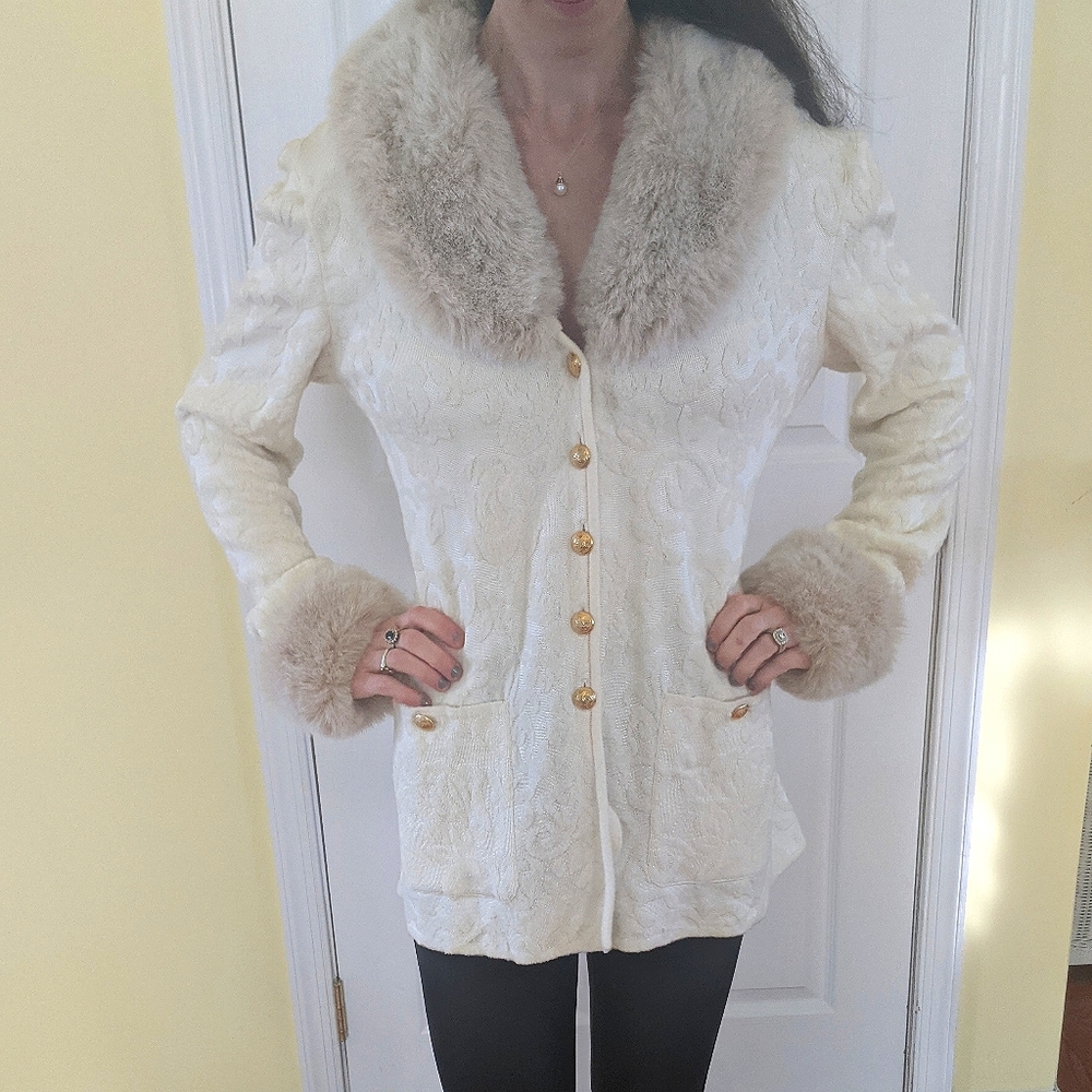 Escada faux fur trim embroidered sweater